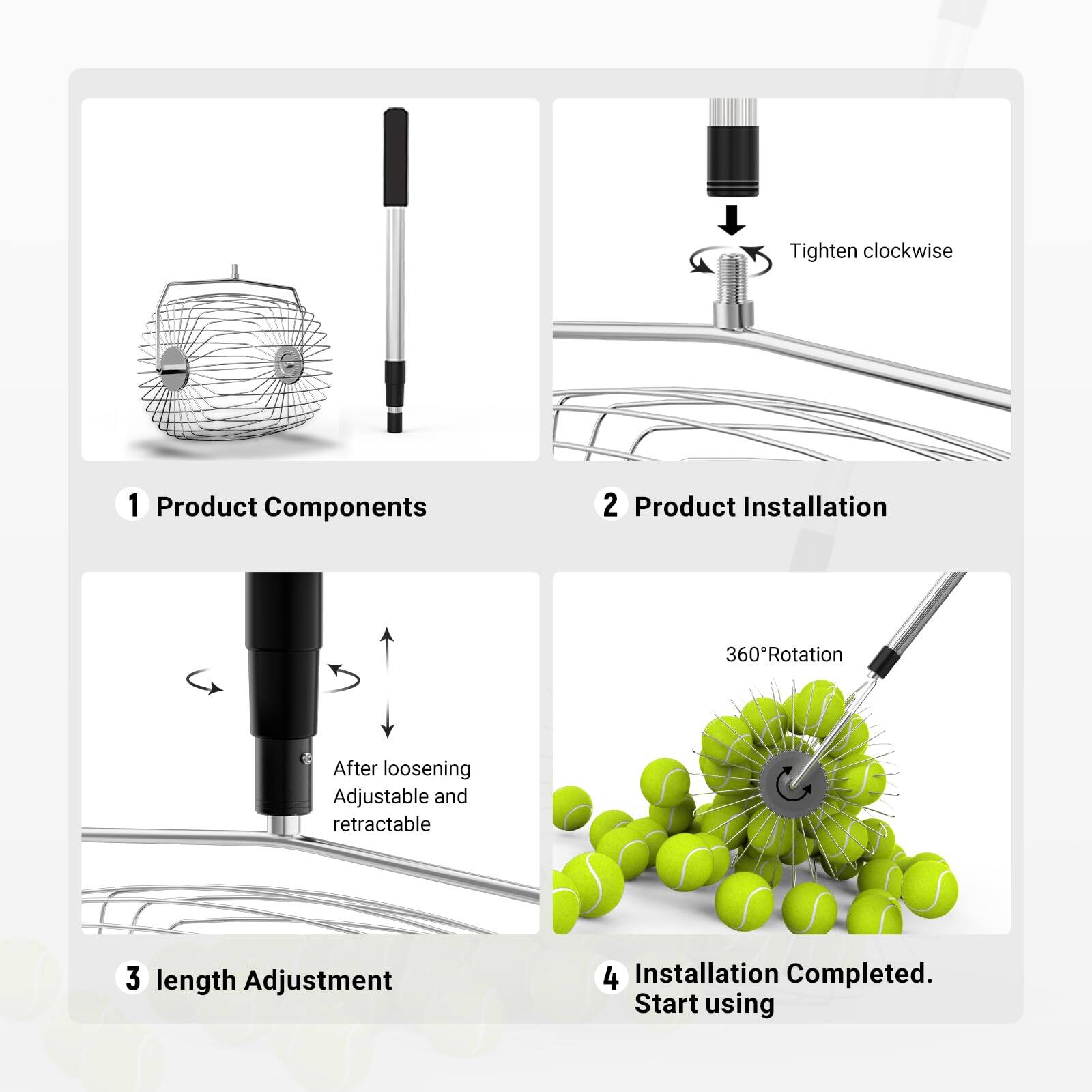 1. Product Components  
2. Product Installation  
   - Tighten clockwise  
3. Length Adjustment  
   - After loosening, adjustable and retractable  
4. Installation Completed. Start using  
   - 360° Rotation