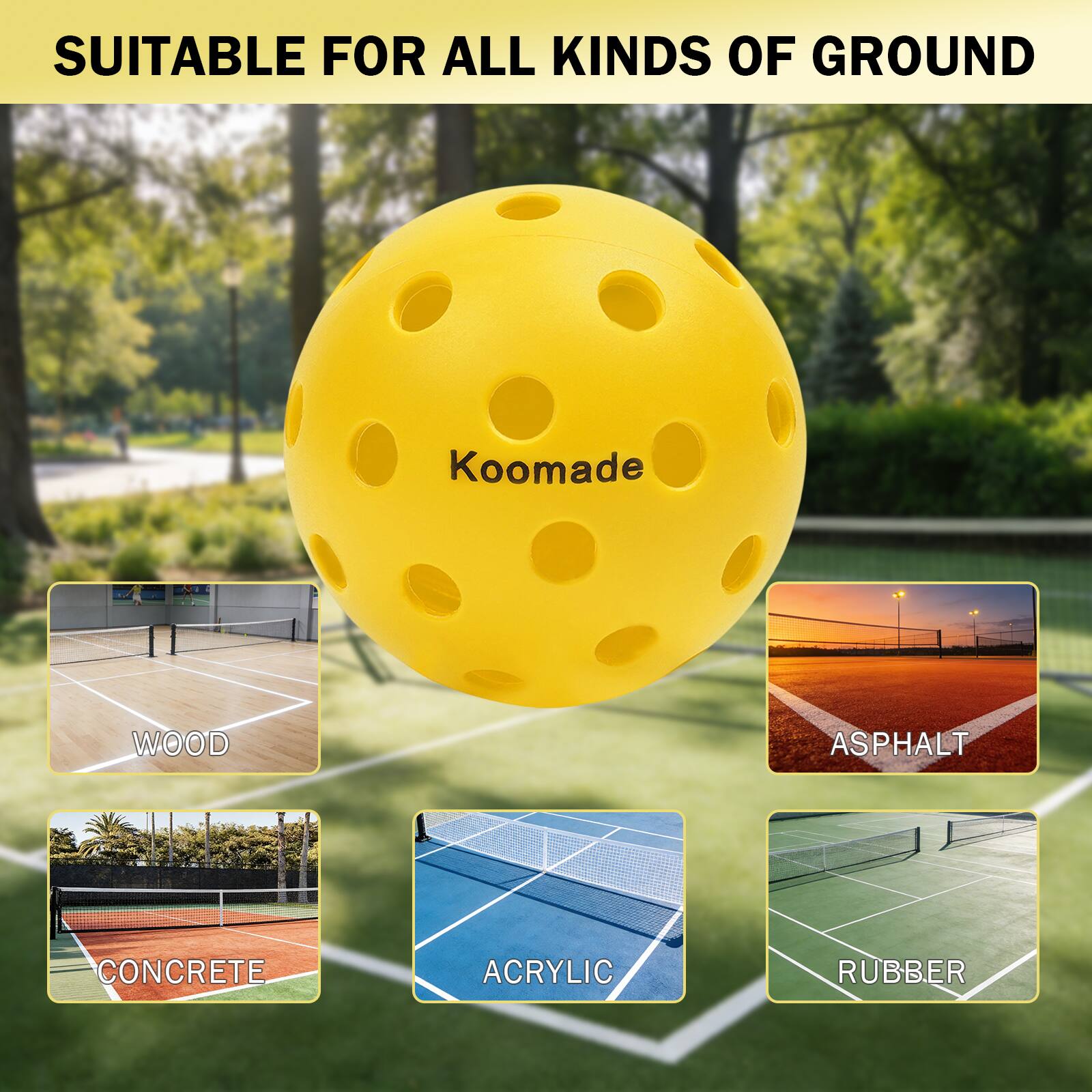 SUITABLE FOR ALL KINDS OF GROUND

Koomade

WOOD  
ASPHALT  
CONCRETE  
ACRYLIC  
RUBBER