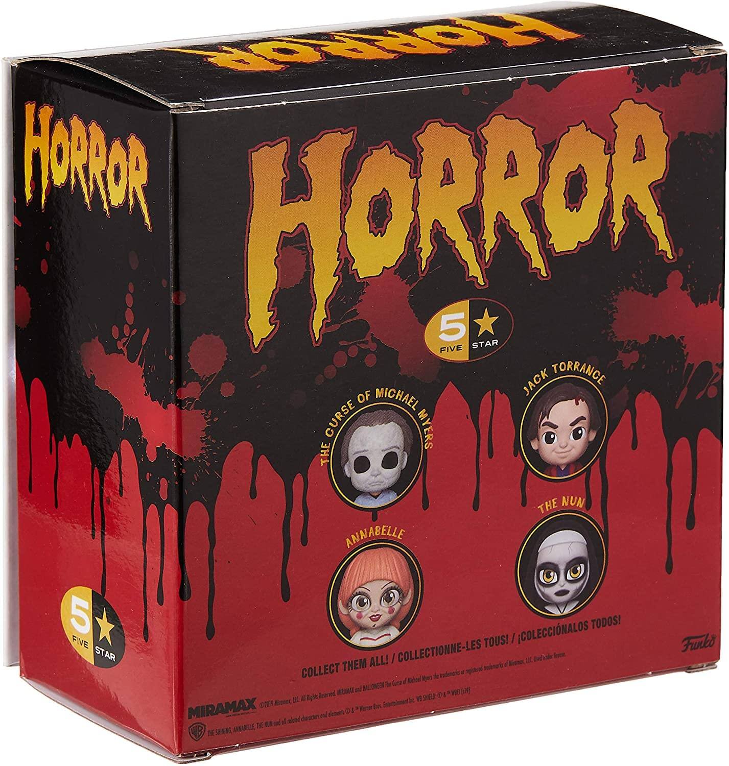 HORROR  
5 STAR  
FIVE STAR  
MICHAEL MYERS  
JACK TORRANCE  
THE NUN  
ANNABELLE  
COLLECT THEM ALL! / COLLECTIONNE-LES TOUS! / COLECCIONALOS TODOS!  
MIRAMAX  
Funko