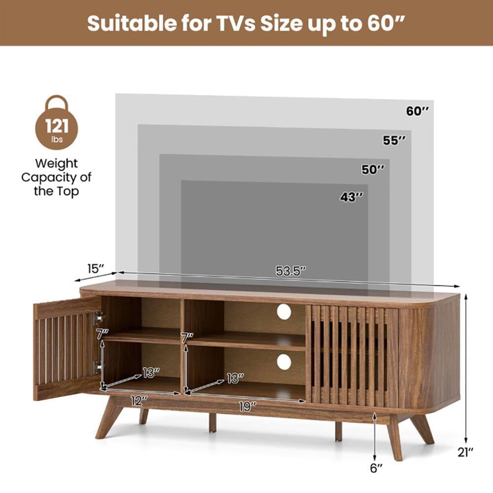 Suitable for TVs Size up to 60"  
Weight Capacity of the Top: 121 lbs  
TV Size: 60", 55", 50", 43"  
Dimensions:  
- Width: 53.5"  
- Depth: 15"  
- Height: 21"  
- Shelf Depth: 13"  
- Shelf Height: 7"  
- Shelf Width: 12"  
- Drawer Height: 6"