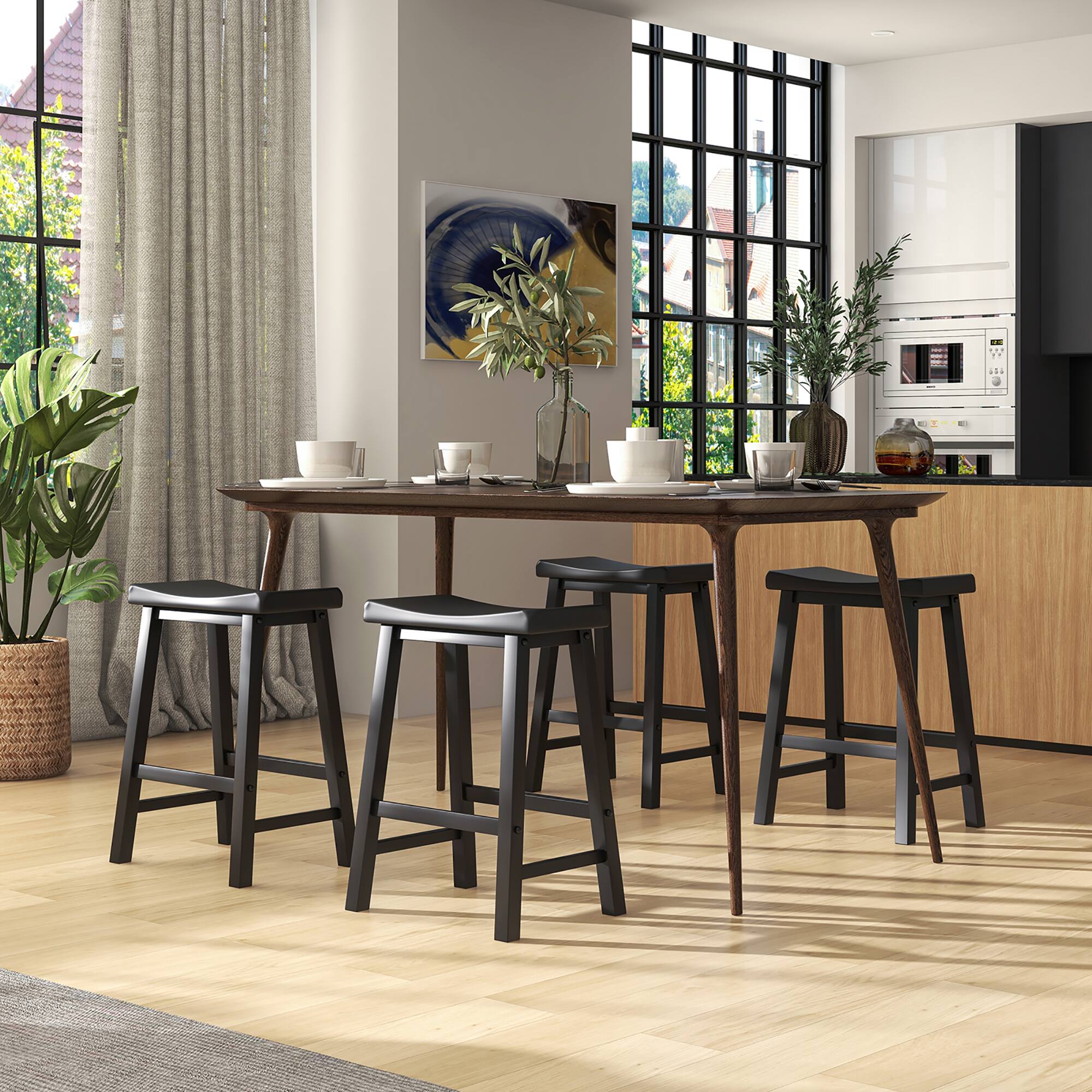 Alt View 4. Costway - Set of 2 Saddle Bar Stools Counter Height Dining Chairs with Wooden Legs - Black.