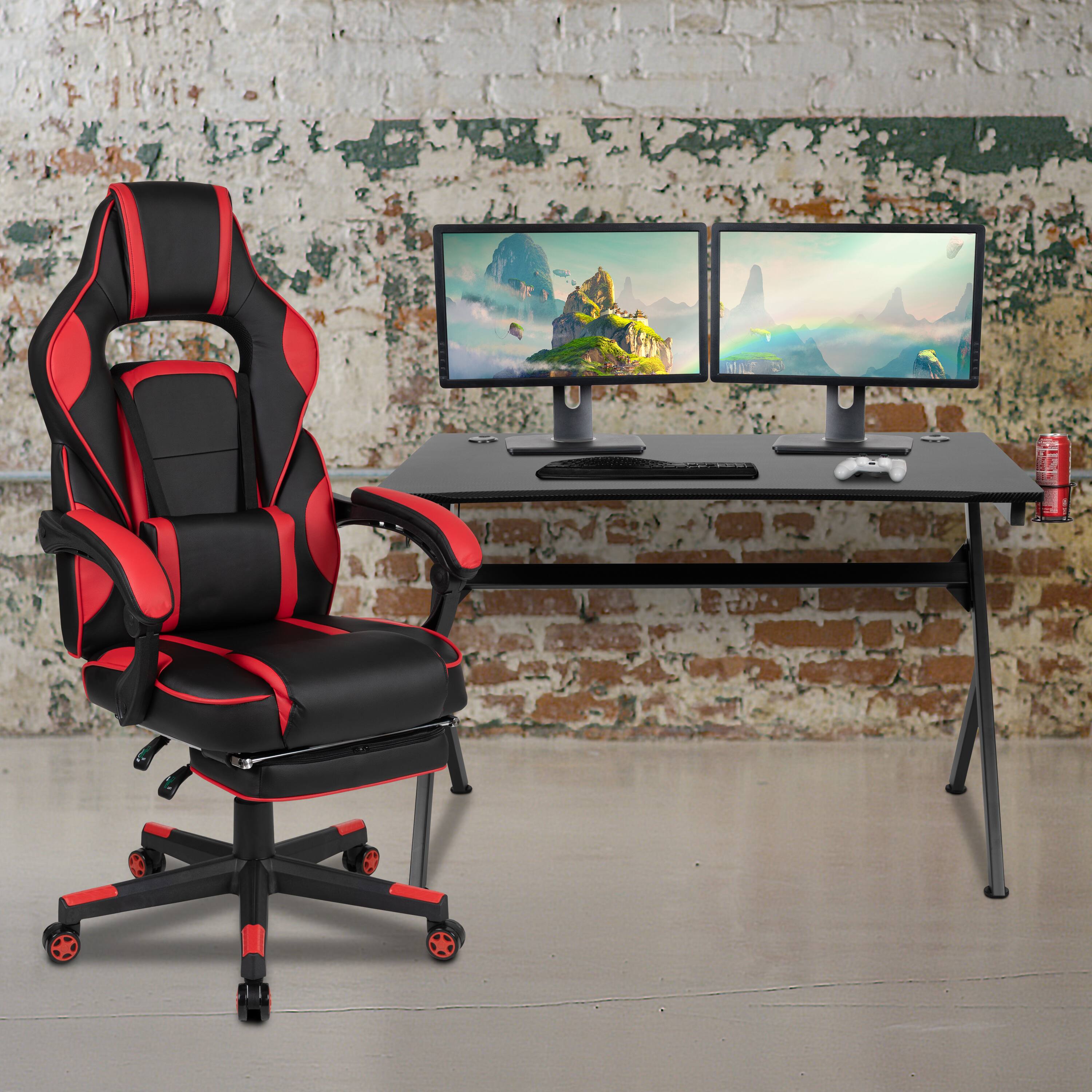 Alt View 1. Emma + Oliver - Gaming Desk Set - Cup/Headset Holder/Reclining & Footrest - Red.
