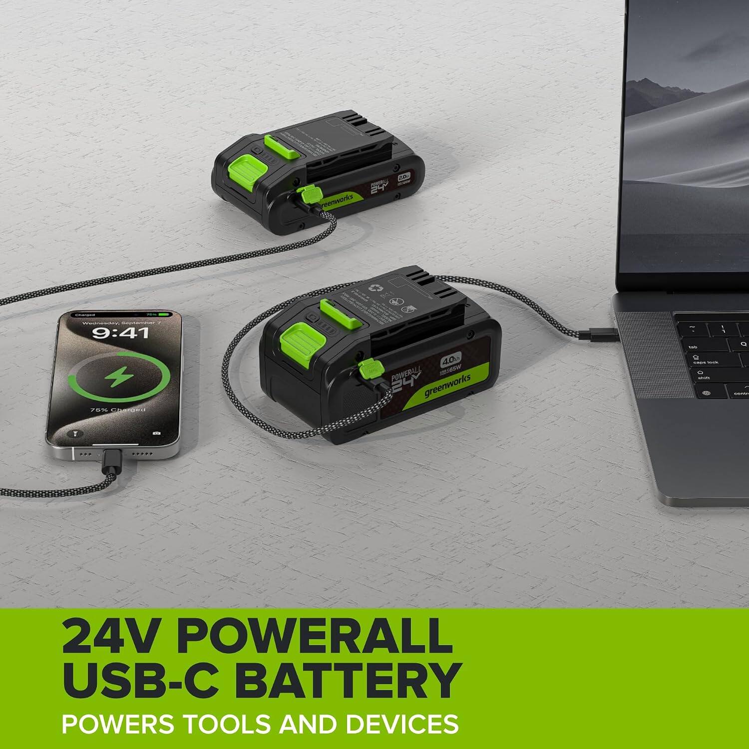20 24 greenworks  
Charger  
HPS  
Wednesday - 9:41 76% Charged  
40a POWERALL 12585W 24 greenworks  
, 1 ~ cape Nide shift  
Q conta  
I  
...  
24V POWERALL USB-C BATTERY POWERS TOOLS AND DEVICES