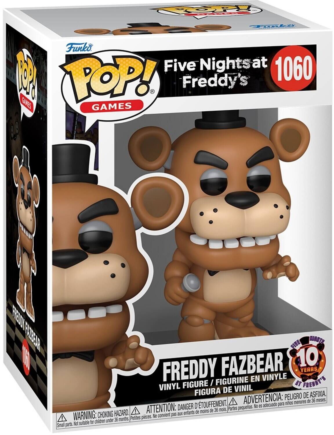 The text on the image can be grouped and corrected as follows:

**Funko POP! Games**
- **Five Nights at Freddy's**
- **Freddy Fazbear**
- **Vinyl Figure**
- **1060**
- **10 Years**

**Warnings:**
- **Choking Hazard.**
- **Small parts. Not suitable for children under 36 months.**
- **DANGER: Pequeñas piezas. No es adecuado para niños menores de 36 meses.**
- **ATTENTION: Petites pièces. Ne convient pas aux enfants de moins de 36 mois.**
- **ADVERTENCIA: Peligro de asfixia. D'TOUFFEMENT. ADVERTENCIA: para niños menores de 36 meses.**

This ensures all the information is clear and correctly grouped.