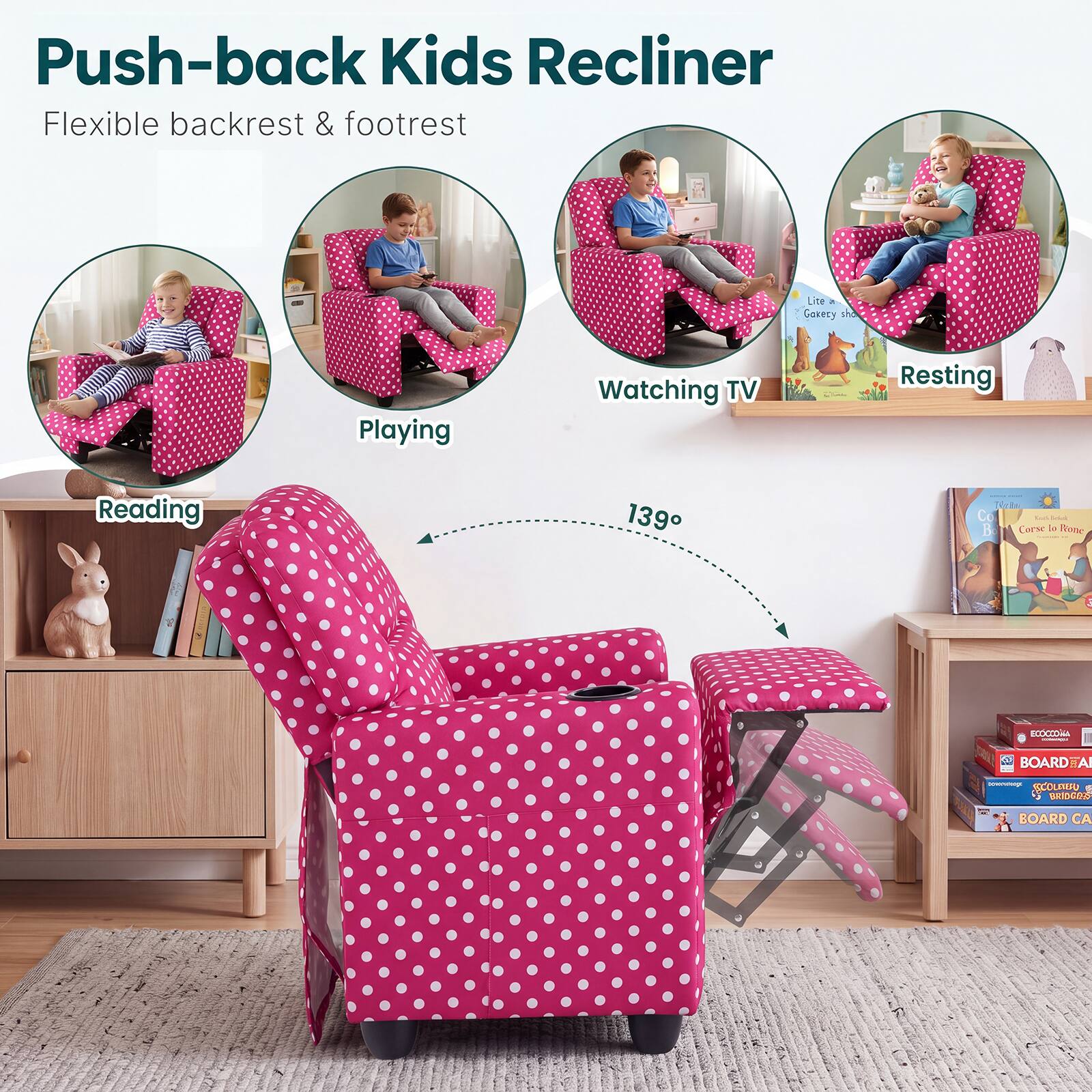 Push-back Kids Recliner  
Flexible backrest & footrest  

Playing  
Watching TV  
Resting  
Reading  

139°  

Lite a Govecy sho  

NeRo Co Sefult B Corse Rone  

ECOCCOMA  

BOARDEA  

sownesmage SCOLKERO g BRIDGES  

BOARD CA