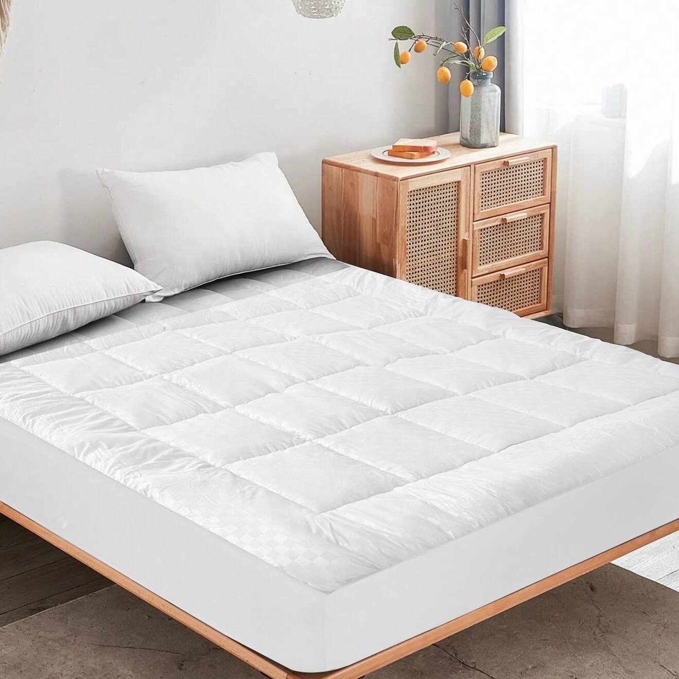 Front. Shatex - Embossed Mattress Topper Thick Full Cover Breathable Mattress Anti-Slip Protective Cover - white.