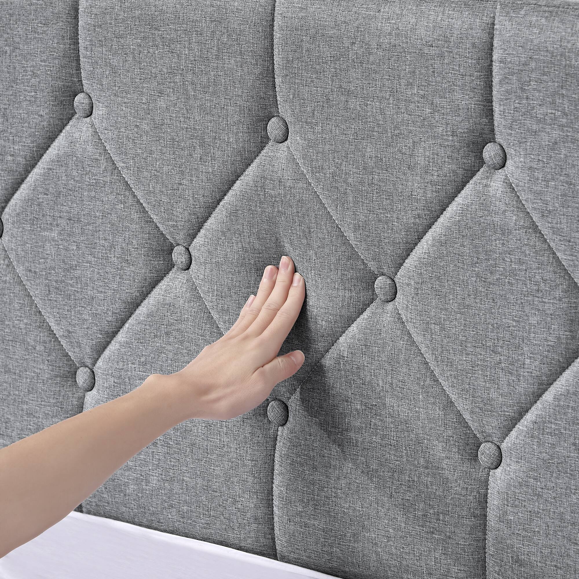 Back. Vecelo - Full Bed Frame with Upholstered Headboard, Heavy Duty Wooden Bed Slats - Noiseless Platform Bed, No Box Spring Required - Grey.