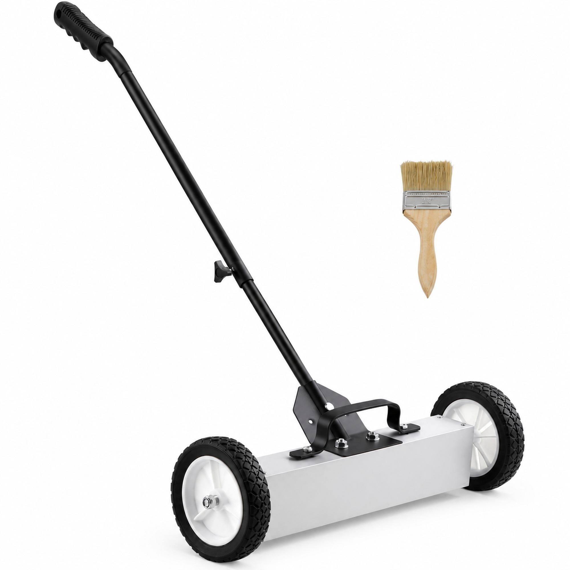 Front. RYHNUYNE - 45 lbs Rolling Magnetic Sweeper, 18 in Push-Type Pickup Tool, Telescoping Handle, Quick Release, Garage Yard - White.