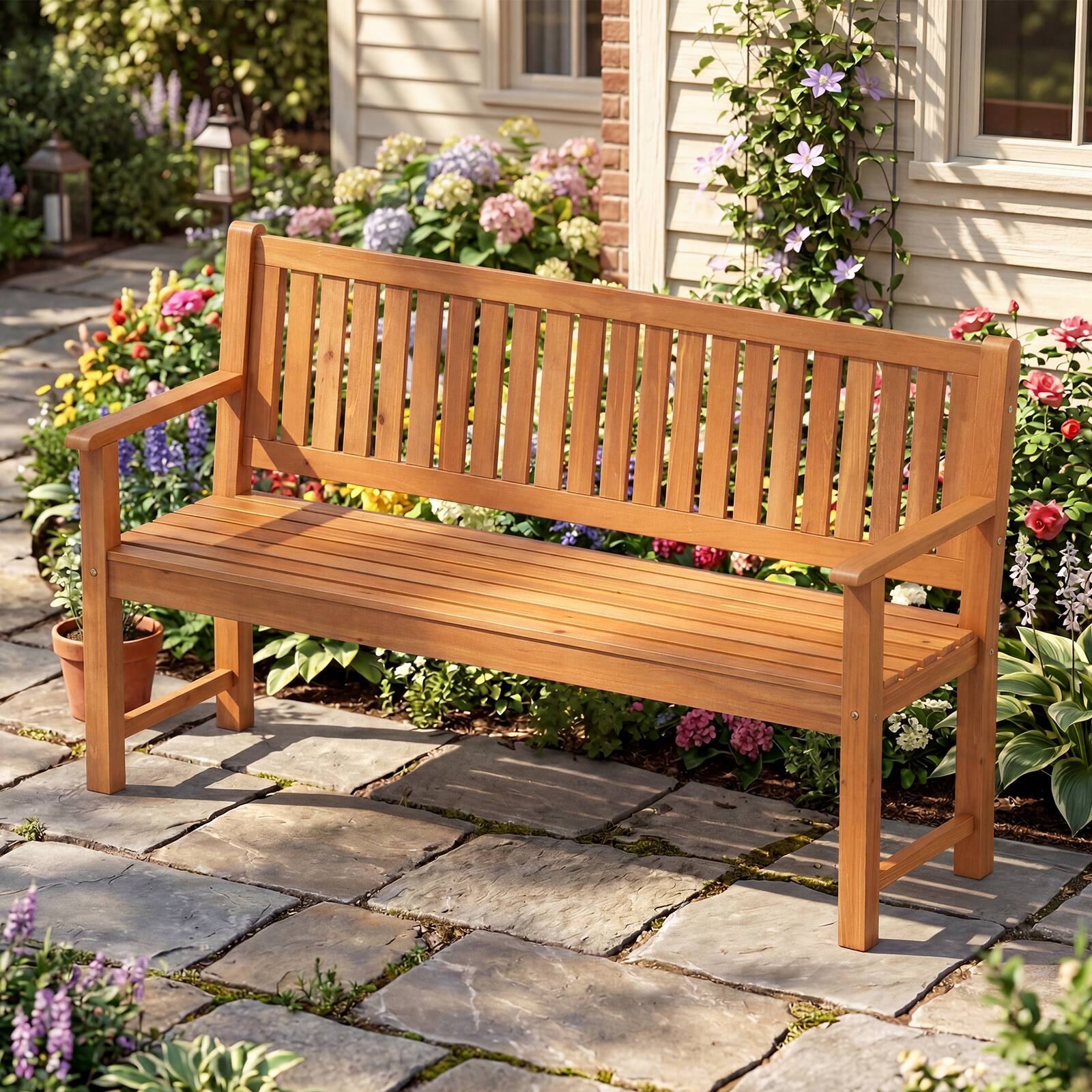 Alt View 1. Gymax - Gymax 3-Seater Outdoor Wooden Bench 59'' Large Garden Bench w/ Backrest Armrests Yellow - Yellow.