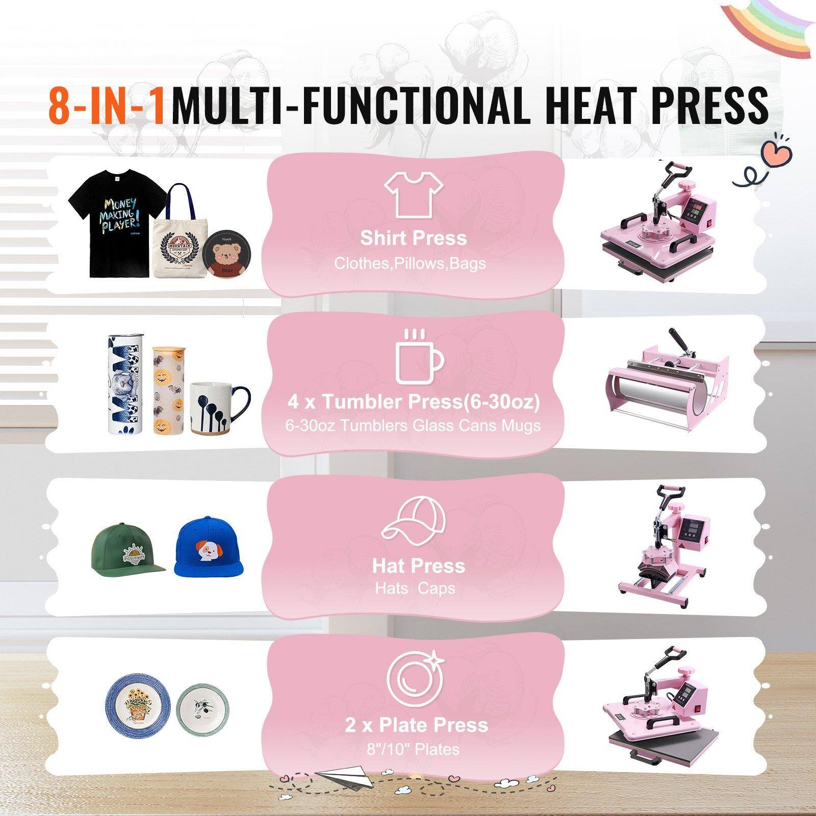 8-IN-1 MULTI-FUNCTIONAL HEAT PRESS

1. Shirt Press
   - Clothes, Pillows, Bags

2. 4 x Tumbler Press (6-30oz)
   - 6-30oz Tumblers, Glass Cans, Mugs

3. Hat Press
   - Hats, Caps

4. 2 x Plate Press
   - 8"/10" Plates
