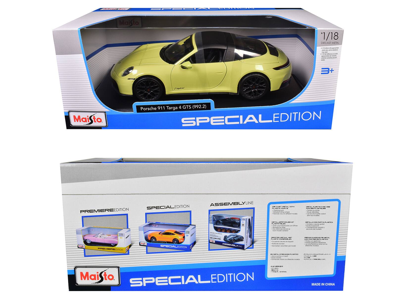 Sure, here is the corrected and grouped text from the image:

---

**Front of the Box:**

- **Maisto**
- **Porsche 911 Targa 4 GTS (992.2)**
- **SPECIAL EDITION**
- **1/18**
- **DIECAST METAL**
- **3+**

---

**Side of the Box:**

- **PREMIERE EDITION**
- **SPECIAL EDITION**
- **ASSEMBLY LINE**

---

**Back of the Box:**

- **Maisto**
- **SPECIAL EDITION**
- **MADE IN CHINA**

---

**Details:**

- **1/18 DIECAST METAL**
- **1:18 scale diecast metal**
- **May contain small parts. Not suitable for children under 3 years.**

---

**Additional Information:**

- **DIE CAST METAL WITH:**
  - Opening doors
  - Opening hood
  - Opening trunk
  - Opening fuel cap
  - Opening engine cover
  - Opening wheels
  - Opening doors
  - Opening trunk
  - Opening fuel cap
  - Opening engine cover
  - Opening wheels

- **METAL