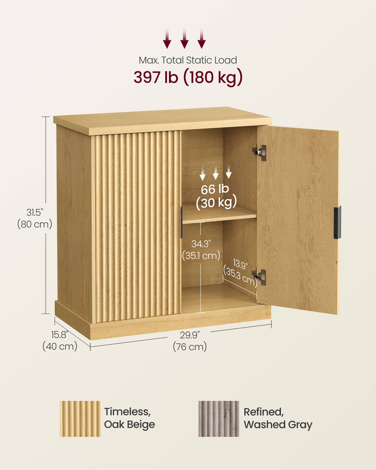 Max. Total Static Load 397 lb (180 kg)  
31.5" (80 cm)  
66 lb (30 kg)  
34.3" (35.1 cm)  
13.9" (35.3 cm)  
15.8" (40 cm)  
29.9" (76 cm)  

Timeless, Oak Beige  
Refined, Washed Gray
