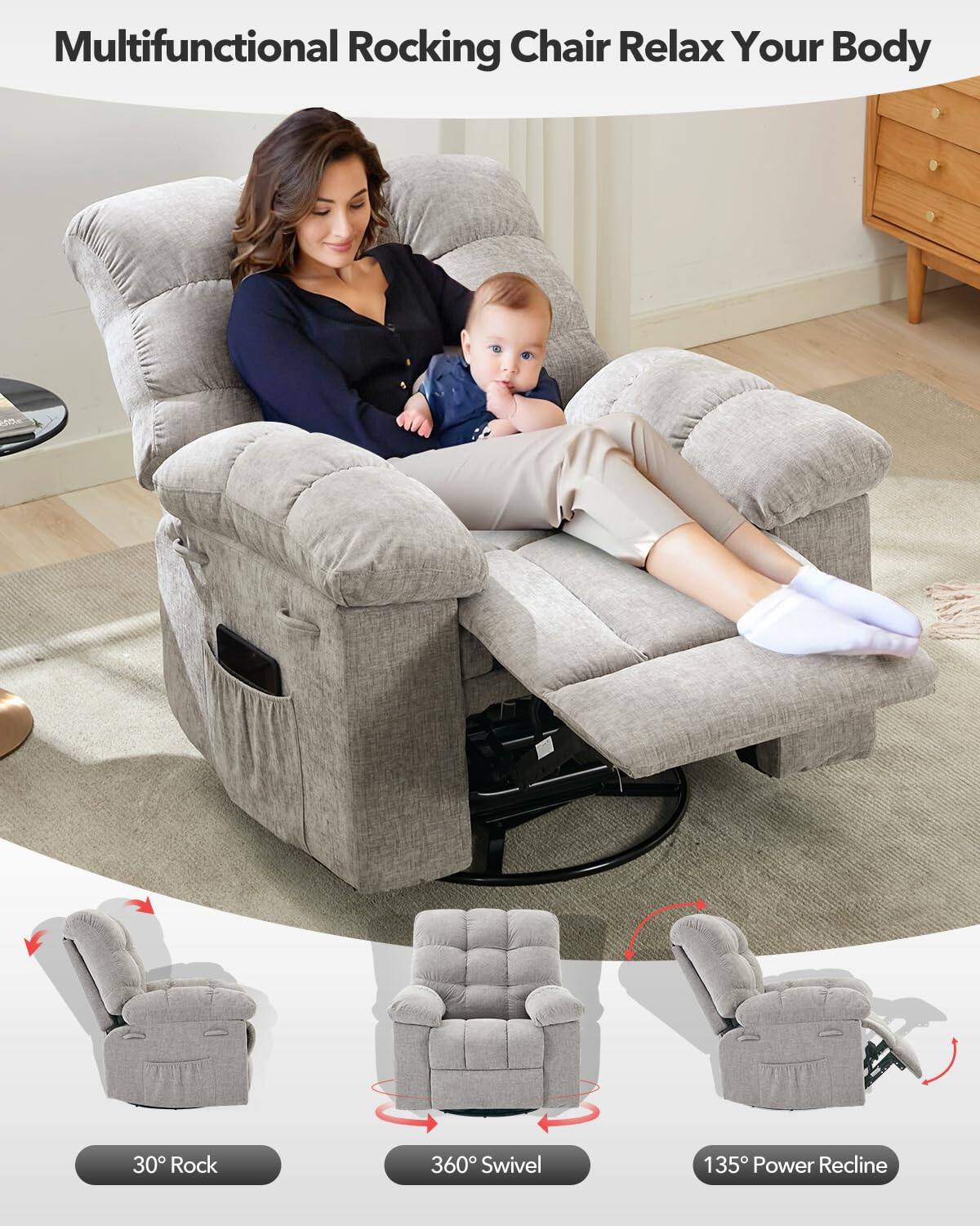 Multifunctional Rocking Chair Relax Your Body

30° Rock

360° Swivel

135° Power Recline