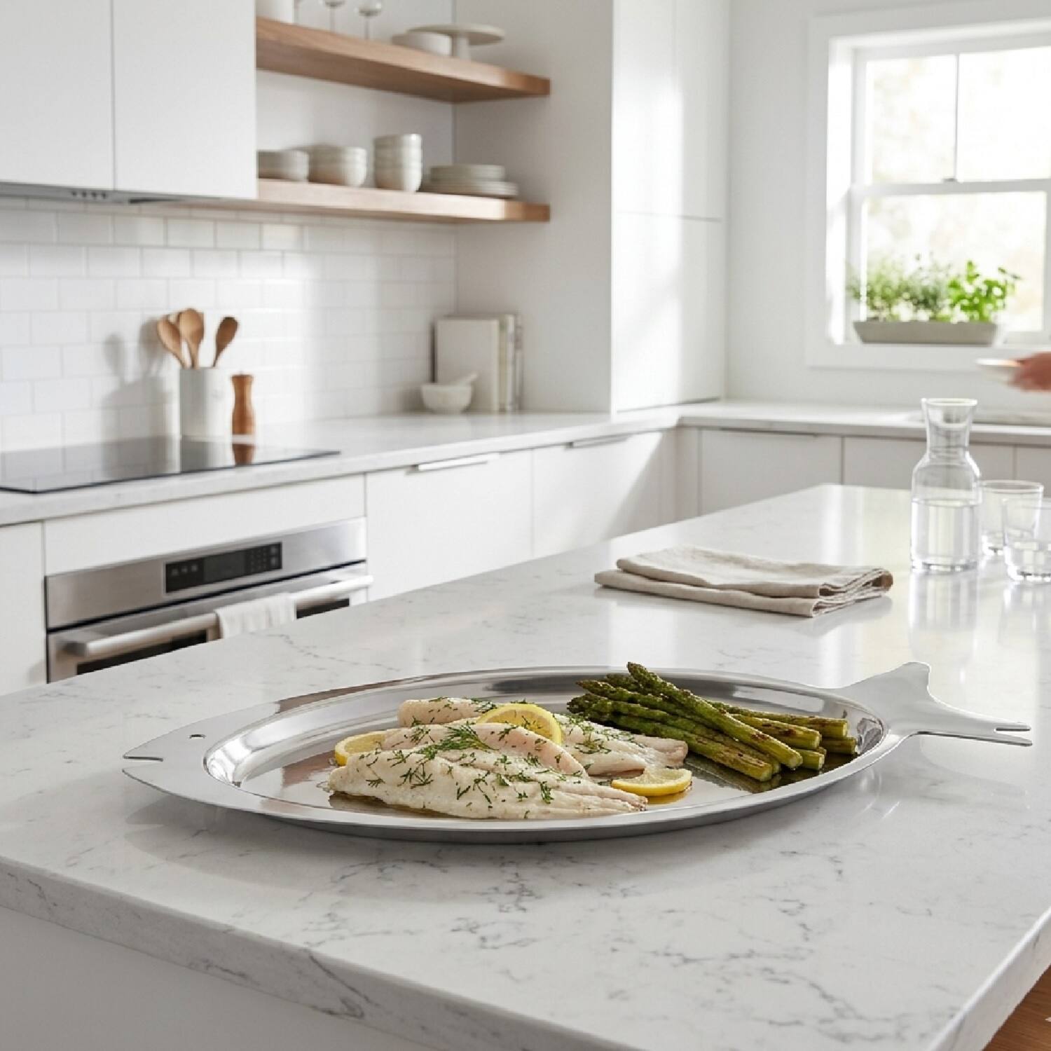 Left. Jiallo - 26" Stainless Steel Fish Serving Platter – Large Seafood Tray with Mirror Finish - Silver.