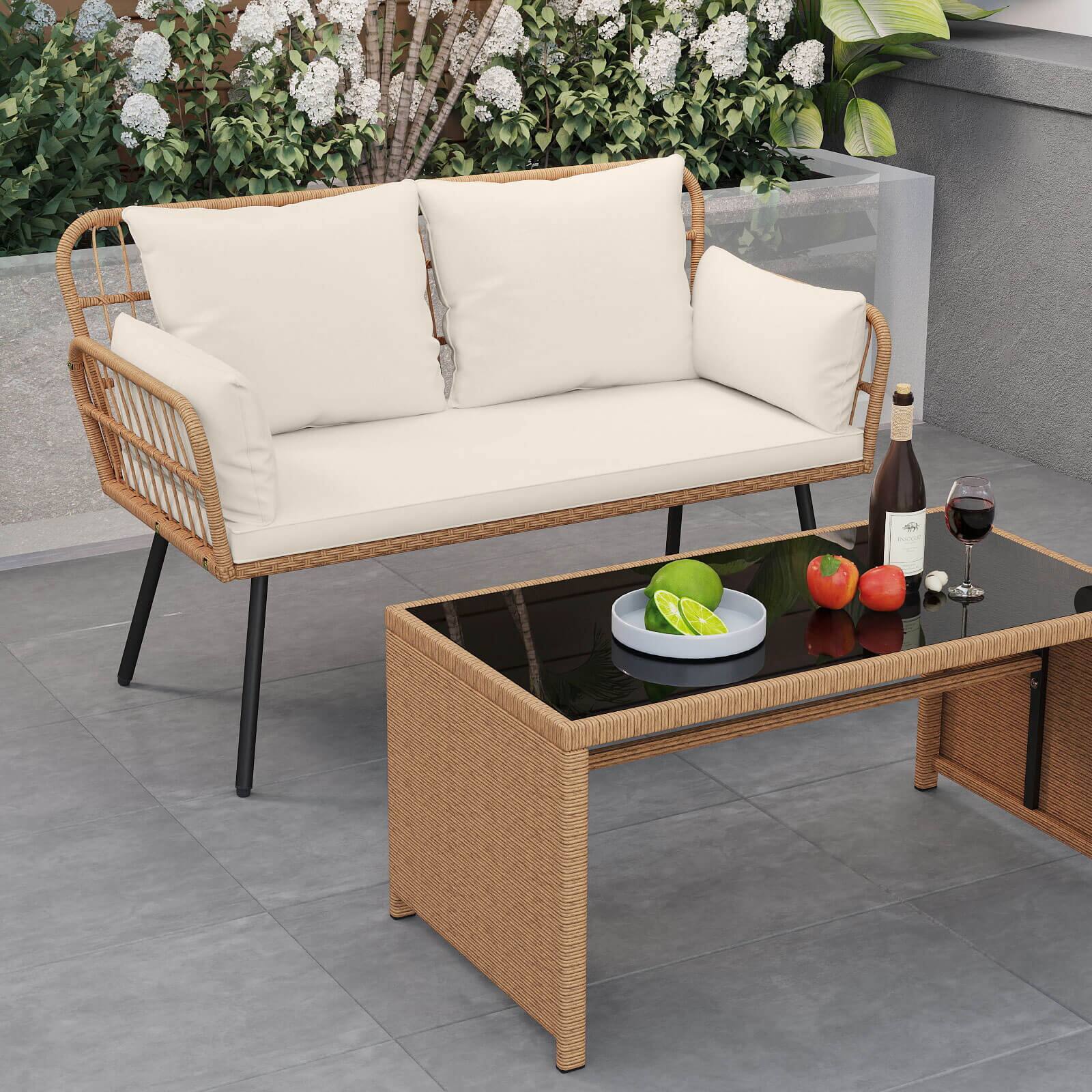Alt View 3. Costway - Costway Patio Wicker Loveseat Furniture with Seat Back Cushions, Heavy-Duty Metal Legs - Off White.