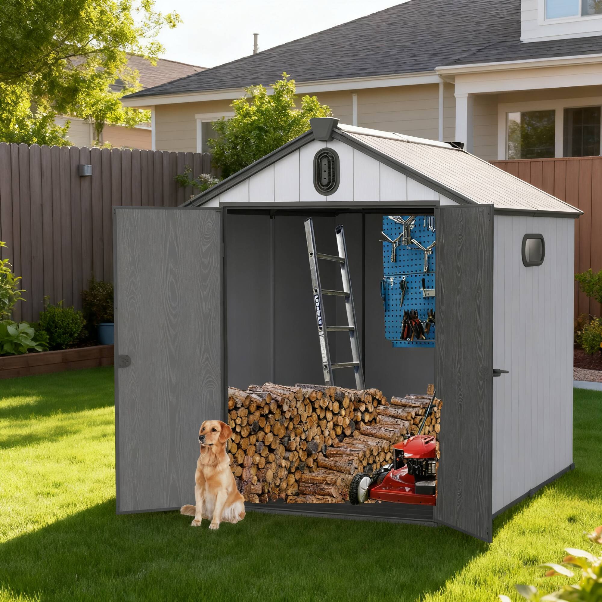 Back. Loheer - Weather-Resistant 6.1 x 7.9 ft Resin Storage Shed for Backyard Garden Tool Organization - Black+Grey.