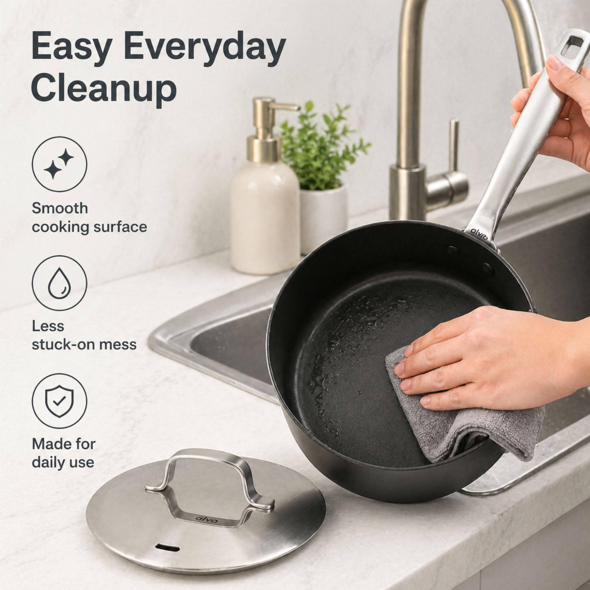 Easy Everyday Cleanup  
Smooth cooking surface  
Less stuck-on mess  
Made for daily use