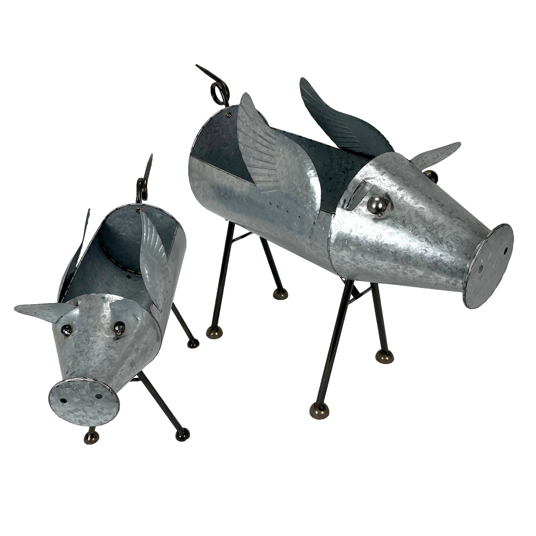 Alt View 1. Zeckos - Set of 2 Flying Pig Planters - Distressed Metal - Whimsical Farmhouse Decor - Flying Silver.