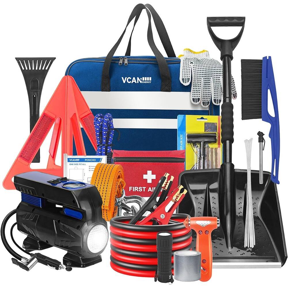 Sure, here is the corrected and grouped text from the image:

---

**VCAN ENERGY**

**VCAN ENERGY KIT**

**VCAN PONCHO**

**FIRST AID**

**VCAN PONCHO**

**ONE SIZE FITS ALL**

---

This text is likely part of the branding and product descriptions for the items in the image.