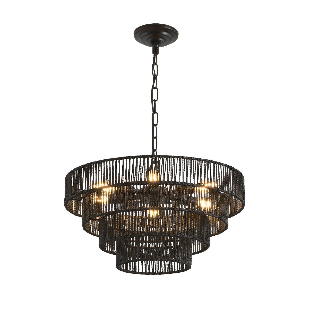Alt View 5. Loheer - Loheer Rustic Rope Pendant Light Four Tier Black Chandelier with Six E12 Sockets for Dining Room.