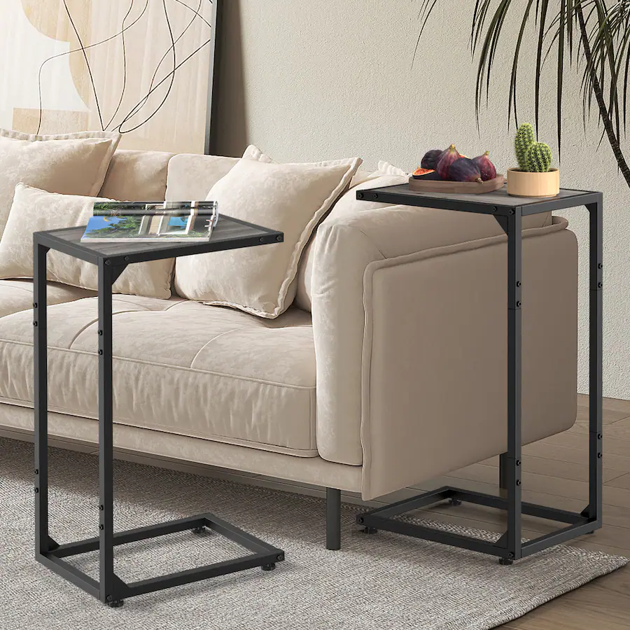 Table Frame Construction Oumilen Set of 2 C Shaped Side Tables, Grey Wash Wood Top with Black ...