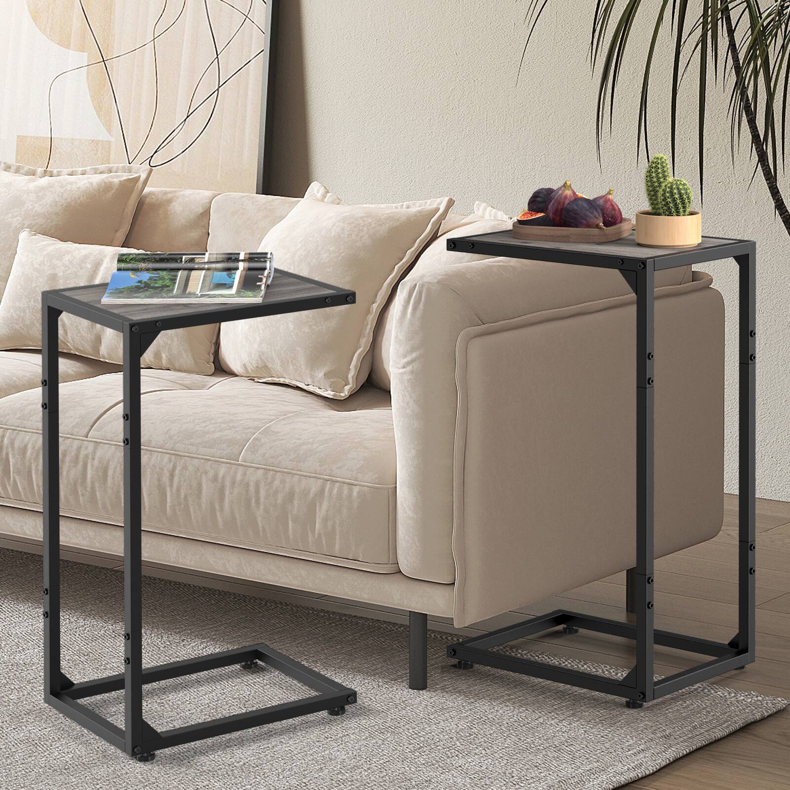 Angle. Oumilen - Set of 2 C-Shaped Side Tables, Grey Wash Wood Top with Black Sanded Metal Frame, EPA Certified - Gray.
