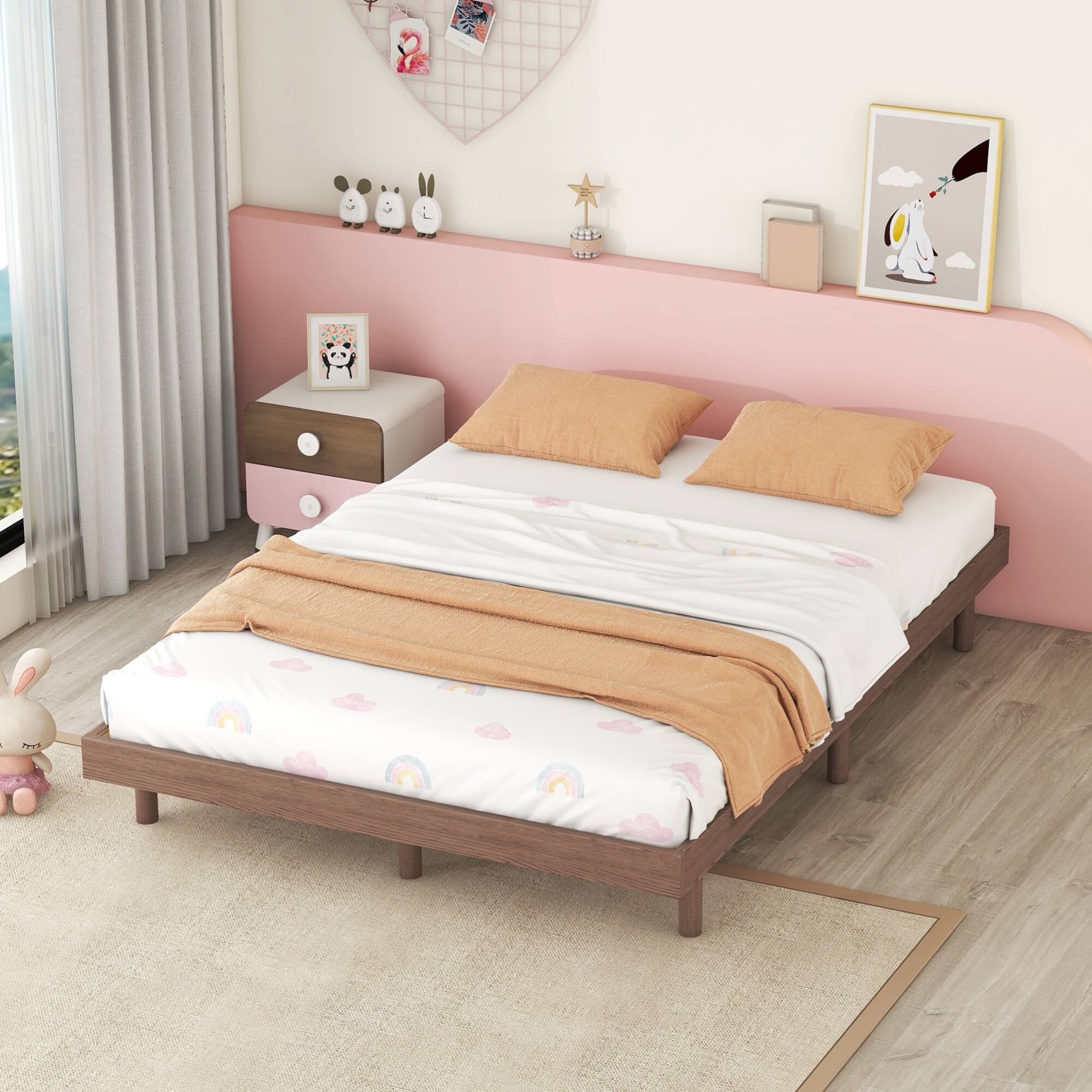 Angle. GOODSILO - Modern Full Floating Platform Bed Frame with Sturdy Construction and Elegant Design for Contemporary Bedrooms - Walnut.