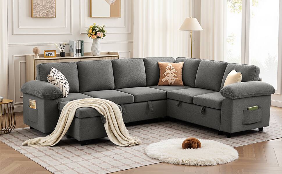 Alt View 6. KERDOM - 4-7 Seat Combined Convertible Sofa Sleeper with Storage Ottoman, Modular Sectional Pull Out Bed Sofa Couch U/L Shape - 7 Seat.