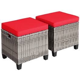 Costway - 2PCS Patio Rattan Cushioned Ottoman Seat Foot Rest Table - Red