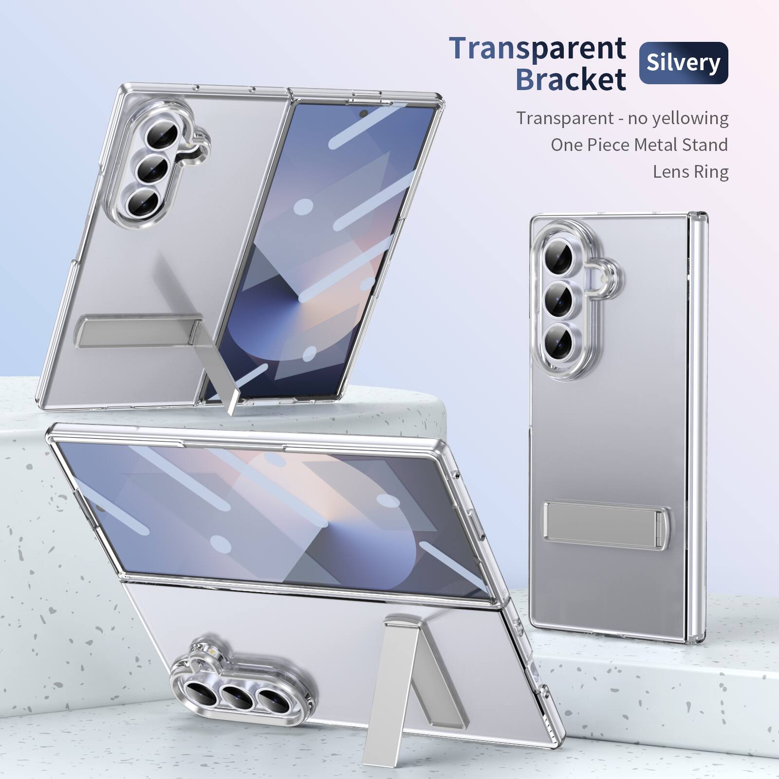 Transparent Silvery Bracket  
Transparent - no yellowing  
One Piece Metal Stand  
Lens Ring