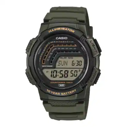 ILLUMINATOR
CASIO
ALM SIG
SUN 6-30
10:58 50
LIGHT
SEARCH
COUNTDOWN TIMER
WR100M
10 YEAR BATTERY