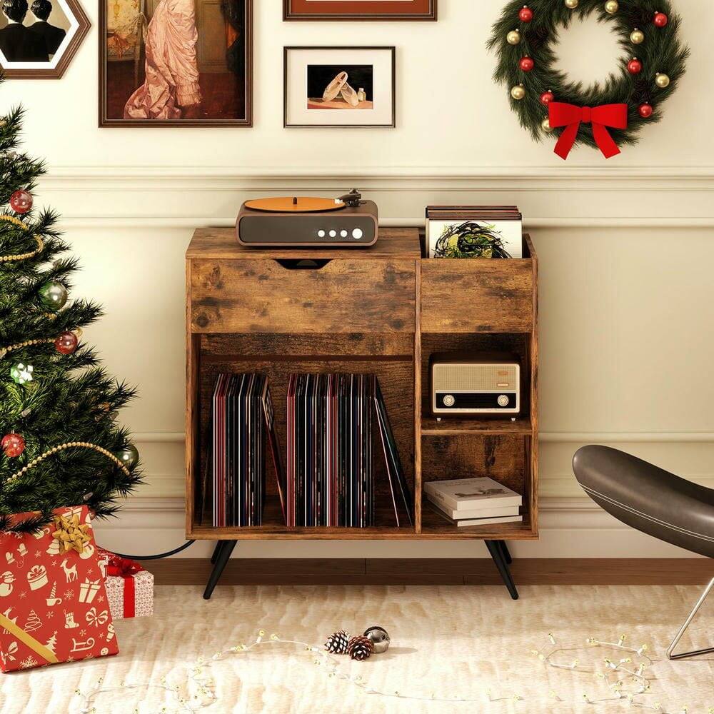Angle. Kadyn - Turntable Stand with Built-In Electrical Power Outlet, Rustic Brown - Brown.