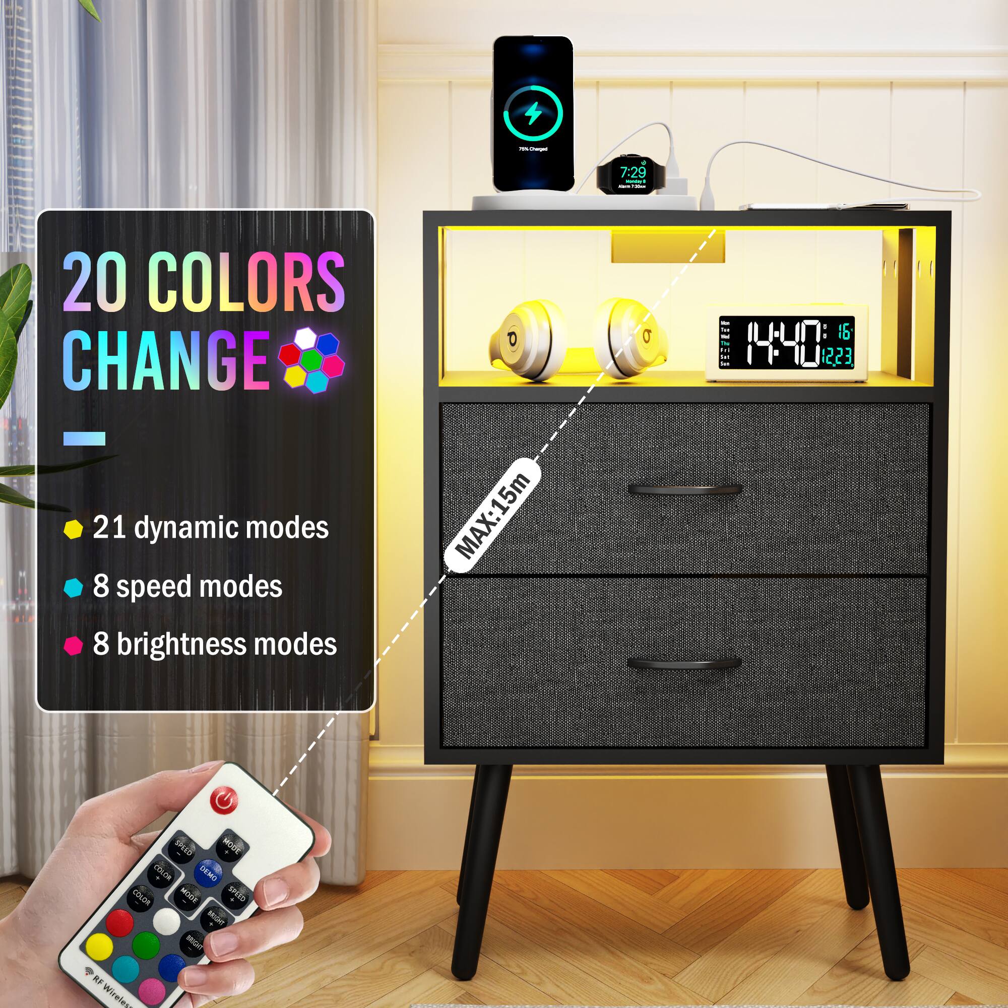 - 20 COLORS CHANGE
  - 21 dynamic modes
  - 8 speed modes
  - 8 brightness modes
- MAX: 15m
- RF Wireless