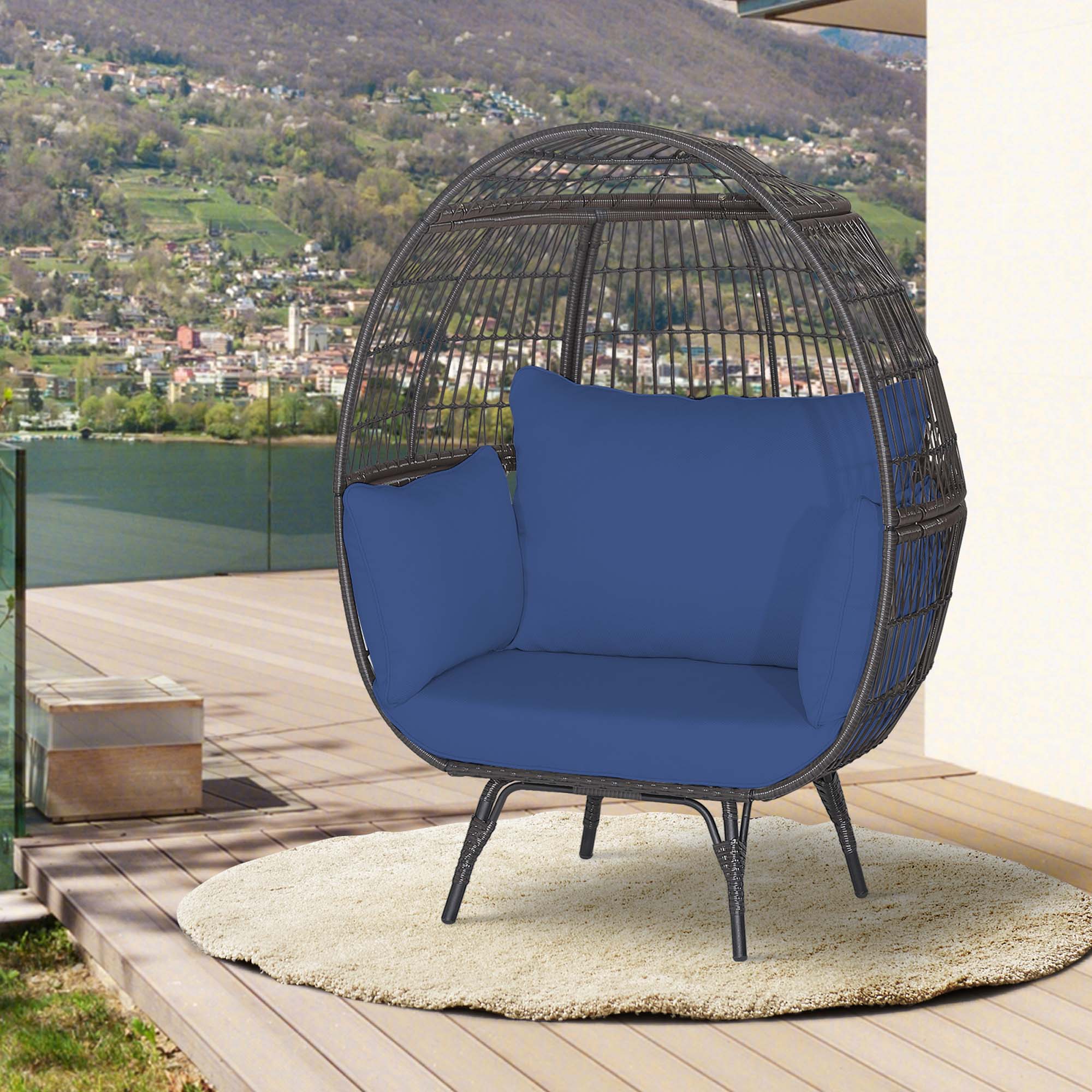 Alt View 1. Costway - Costway Patio Oversized Rattan Wicker Egg Chair Lounge Basket 4 Cushion Indoor & Outdoor - Navy.