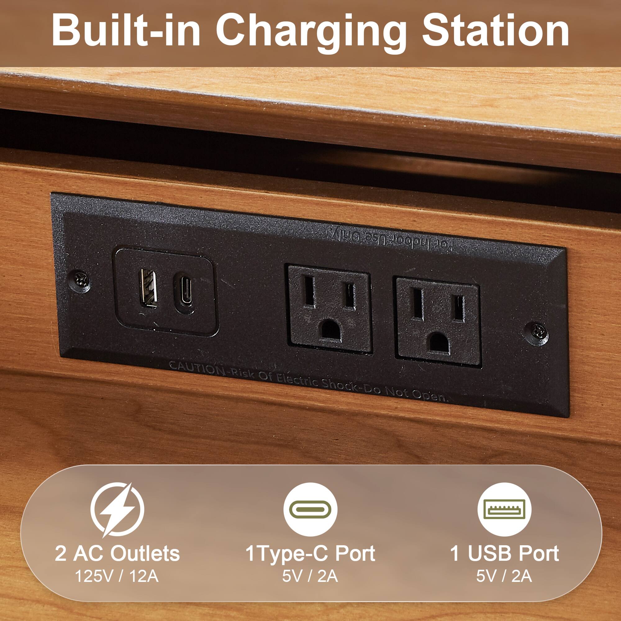 Built-in Charging Station

CAUTION: Risk Of Electric Shock - Do Not Open

2 AC Outlets 125V / 12A

1 Type-C Port 5V / 2A

1 USB Port 5V / 2A
