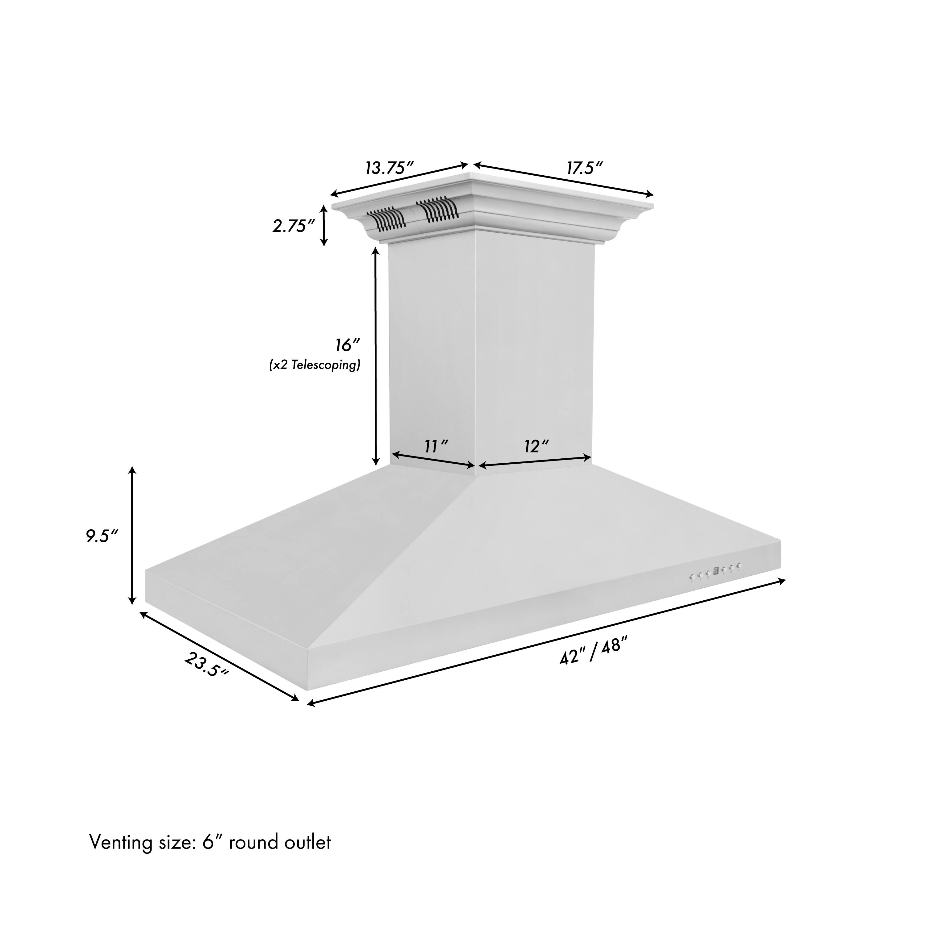 13.75" 17.5" 2.75" 16" (x2 Telescoping) 11" 12" 9.5" 23.5" 42"/48" / 48" Venting size: 6" round outlet