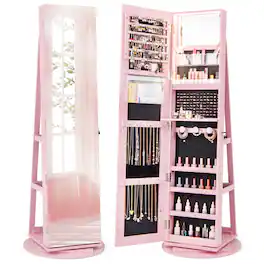 Gymax - 360° Rotating Mirrored Jewelry Cabinet Armoire 3 Color LED Modes Lockable - Pink