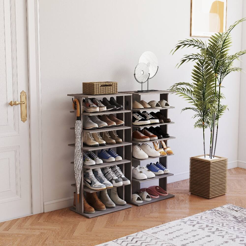 Alt View 4. Loheer - Loheer 7 tier vertical shoe rack with side hooks rustic gray - Rustic Gray.