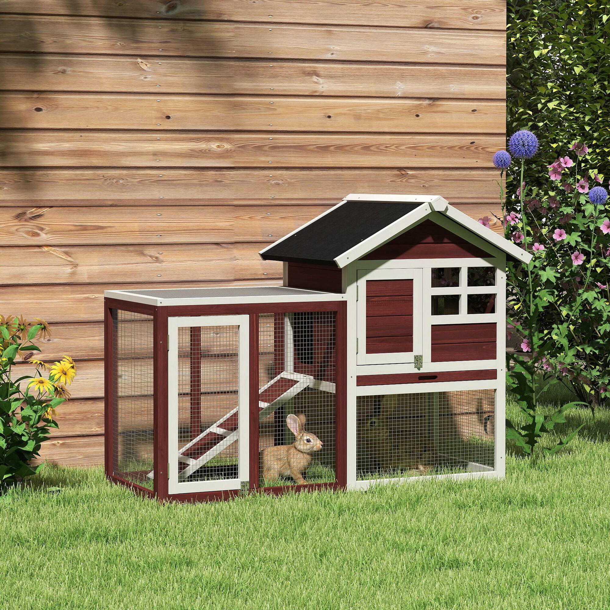 Angle. Pawhut - 48" Wooden Rabbit Hutch Bunny Cage with Waterproof Asphalt Roof, Fun Outdoor Run, Removable Tray and Ramp.