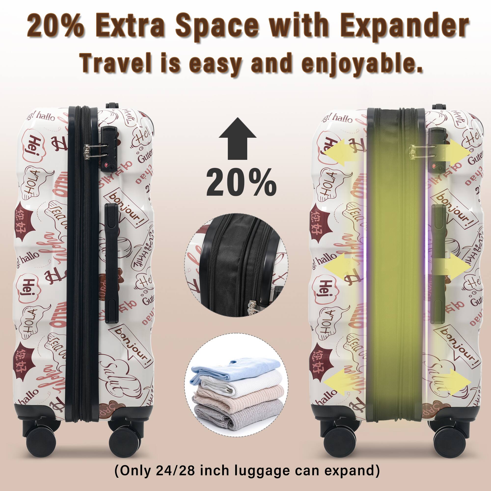 20% Extra Space with Expander  
Travel is easy and enjoyable.  

(Only 24/28 inch luggage can expand)