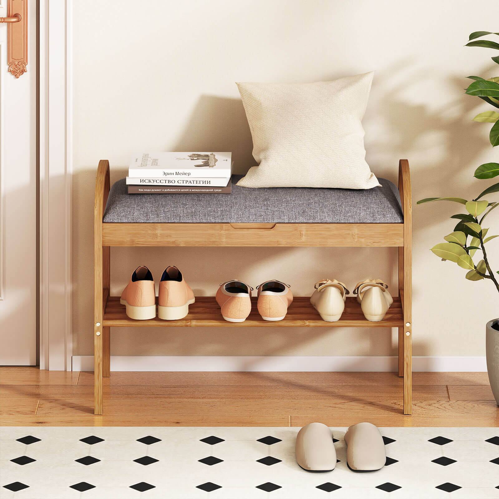Alt View 1. Costway - Costway Bamboo Entryway Shoe Bench 2-Tier Shoe Rack with Flip Top Storage for Hallway - Natural,Gray.