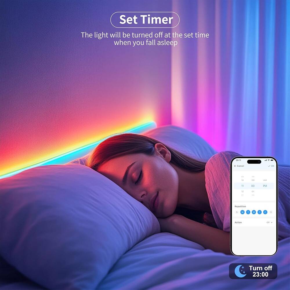 Set Timer  
The light will be turned off at the set time when you fall asleep  

Cancel  
OK  

10 59 AM  
11 00 PM  

Repetition  
S M T W T F S  

Action  
Turn off 23:00