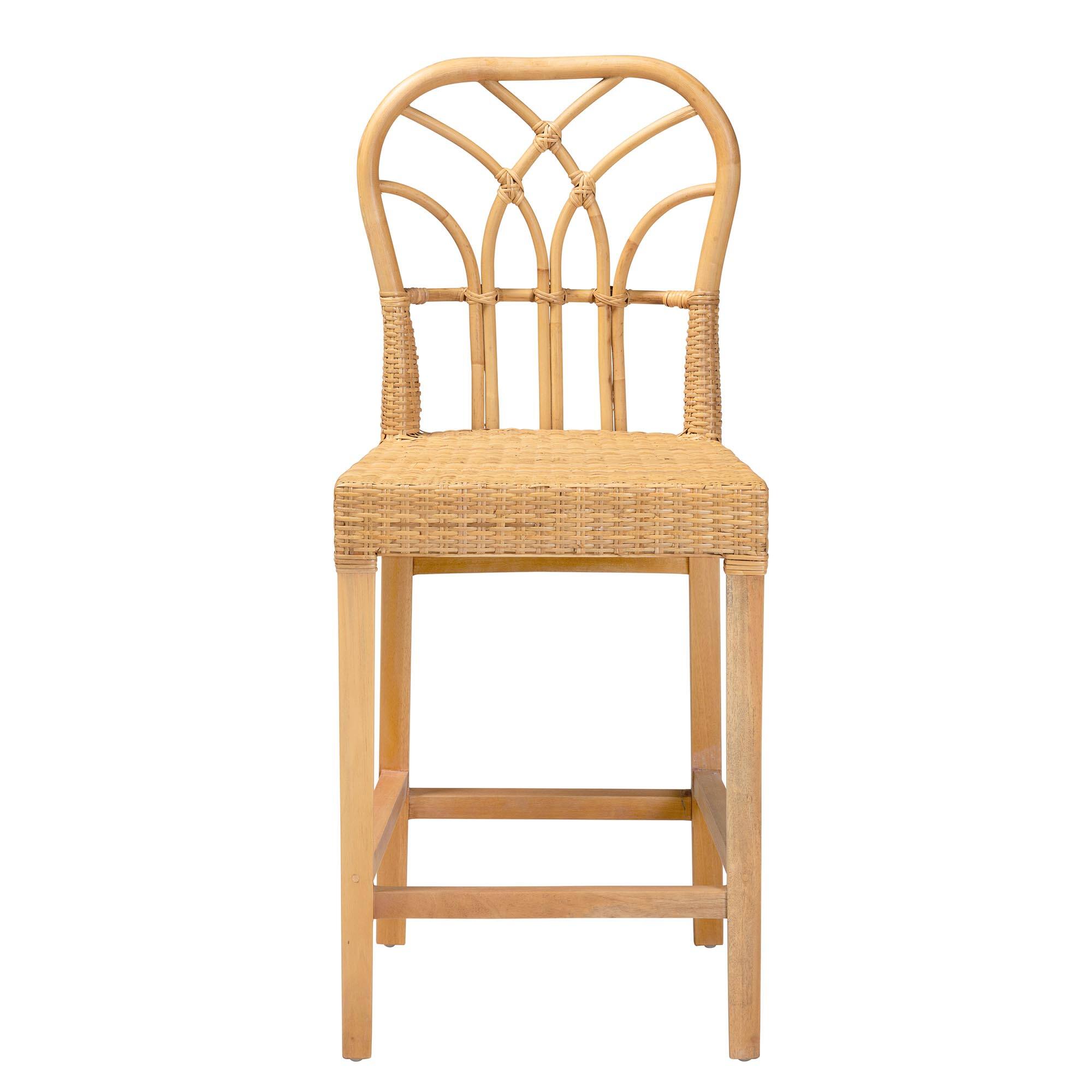 Angle. bali & pari - Monaco Modern Bohemian Natural Rattan and Mahogany Wood Counter Stool - Natural Brown/Light Honey.