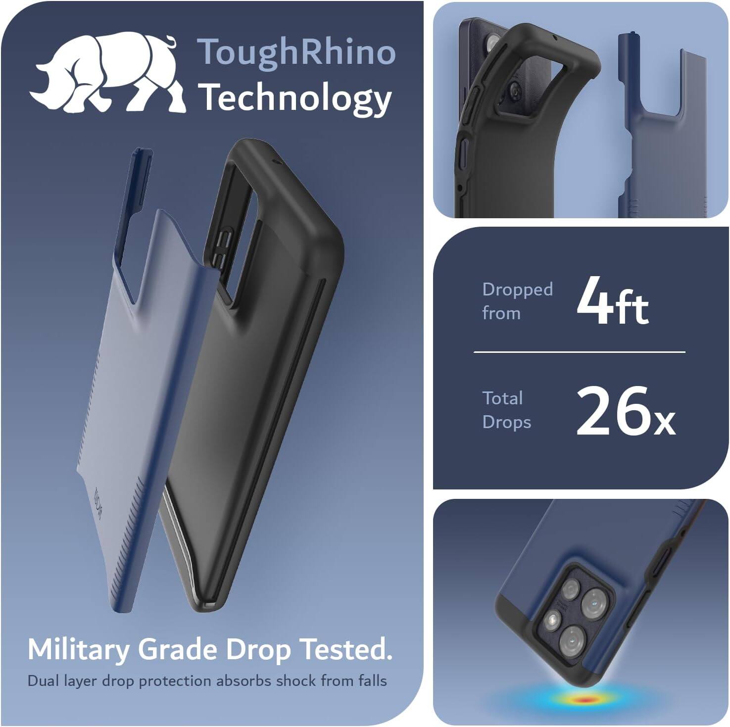 ToughRhino Technology

Dropped from 4ft  
Total Drops 26x

Military Grade Drop Tested.  
Dual layer drop protection absorbs shock from falls