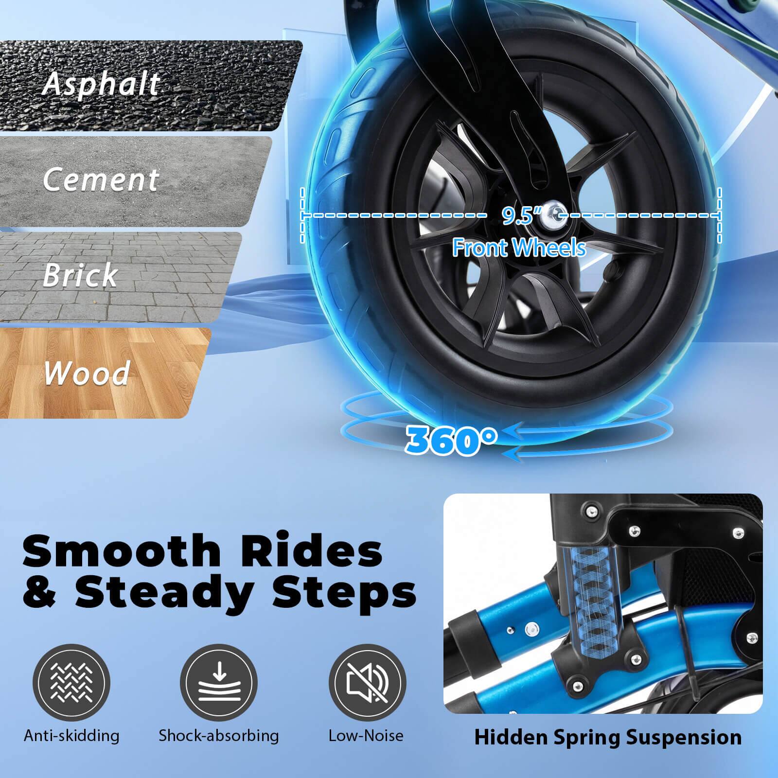 Asphalt Cement Brick Wood

9.5" Front Wheels

360°

Smooth Rides & Steady Steps

Anti-skidding Shock-absorbing Low-Noise Hidden Spring Suspension