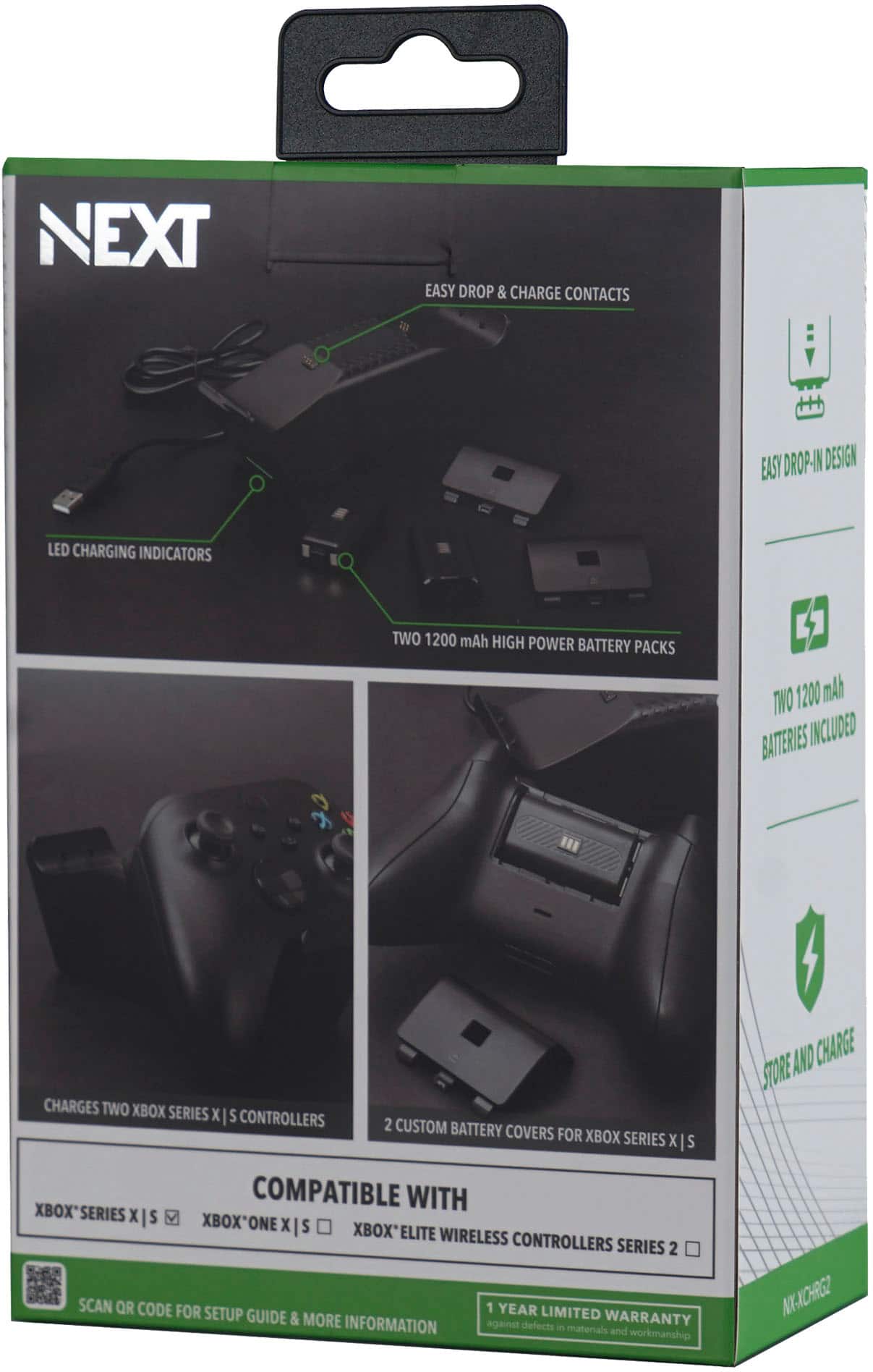 NEXT EASY DROP & CHARGE CONTACTS T 914 EASY DROP-IN DESIGN LED CHARGING INDICATORS TWO 1200 mAh HIGH POWER BATTERY PACKS TWO 1200 mAh BATTERIES INCLUDED CHARGES TWO XBOX SERIES X S CONTROLLERS 2 CUSTOM BATTERY COVERS FOR XBOX SERIES X | S COMPATIBLE WITH XBOX SERIES X S XBOX'ONE X S XBOX'ELITE WIRELESS CONTROLLERS SERIES 2 SCAN QR CODE FOR 1 YEAR LIMITED SETUP GUIDE & MORE WARRANTY INFORMATION against defects in materials and workmanship AND CHARGE STORE NA-NXCHRGZ