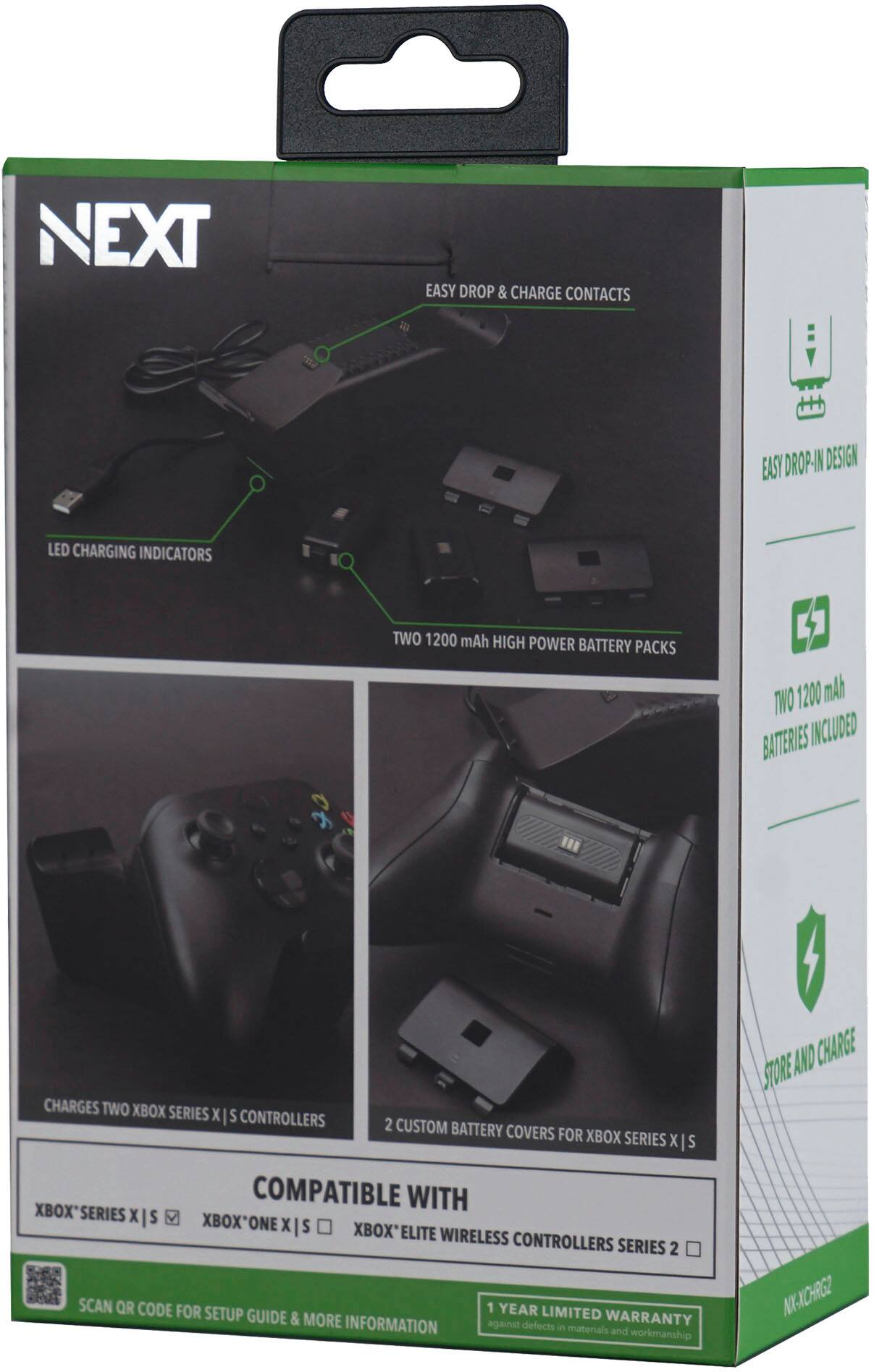 NEXT EASY DROP & CHARGE CONTACTS T 914 EASY DROP-IN DESIGN LED CHARGING INDICATORS TWO 1200 mAh HIGH POWER BATTERY PACKS TWO 1200 mAh BATTERIES INCLUDED CHARGES TWO XBOX SERIES X S CONTROLLERS 2 CUSTOM BATTERY COVERS FOR XBOX SERIES X | S COMPATIBLE WITH XBOX SERIES X S XBOX'ONE X S XBOX'ELITE WIRELESS CONTROLLERS SERIES 2 SCAN QR CODE FOR 1 YEAR LIMITED SETUP GUIDE & MORE WARRANTY INFORMATION against defects in materials and workmanship AND CHARGE STORE NA-NXCHRGZ