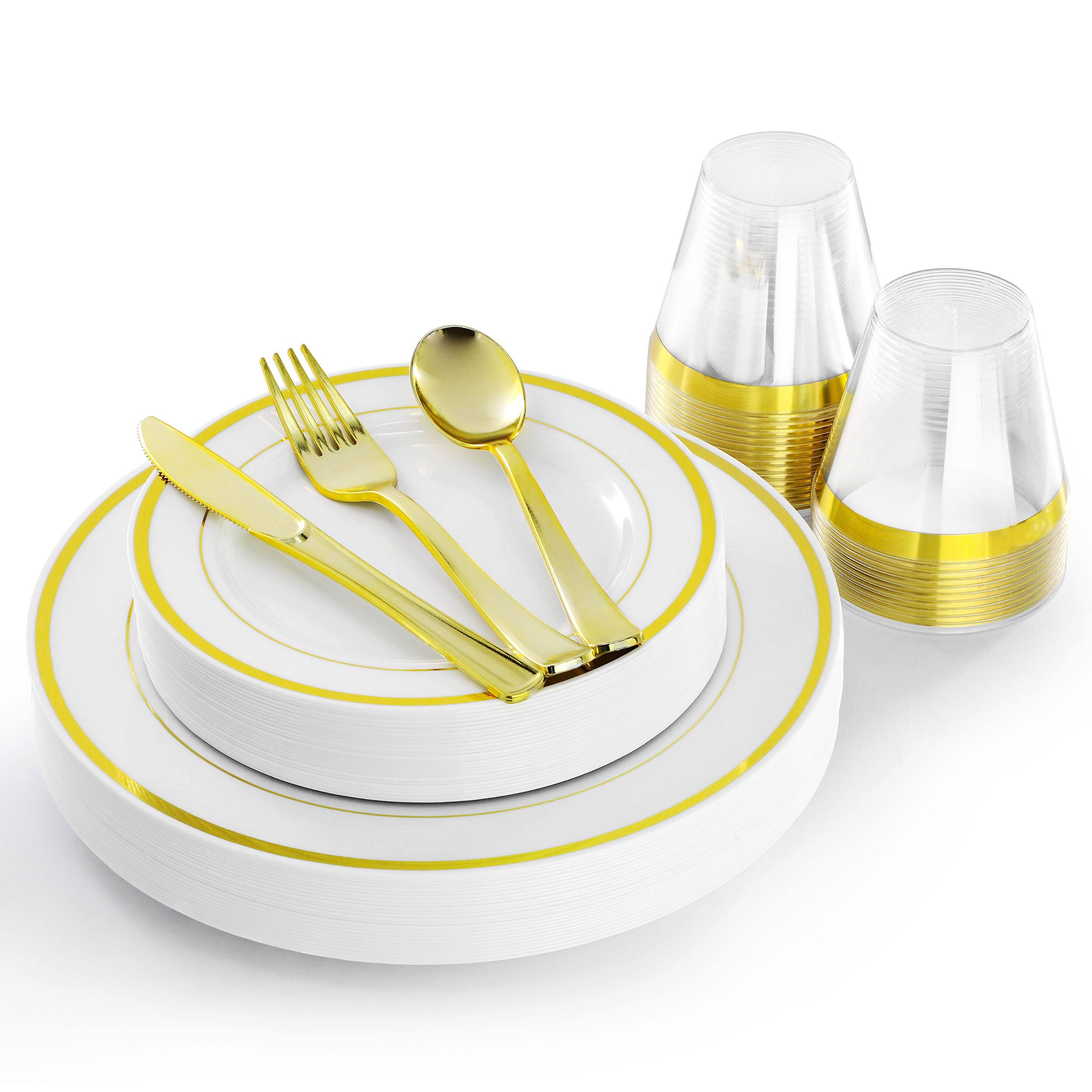 Alt View 8. Elama - Elama 150 Piece Disposable Plastic Dinnerware Party Set for 25 Guests in White with Gold Trim - White.