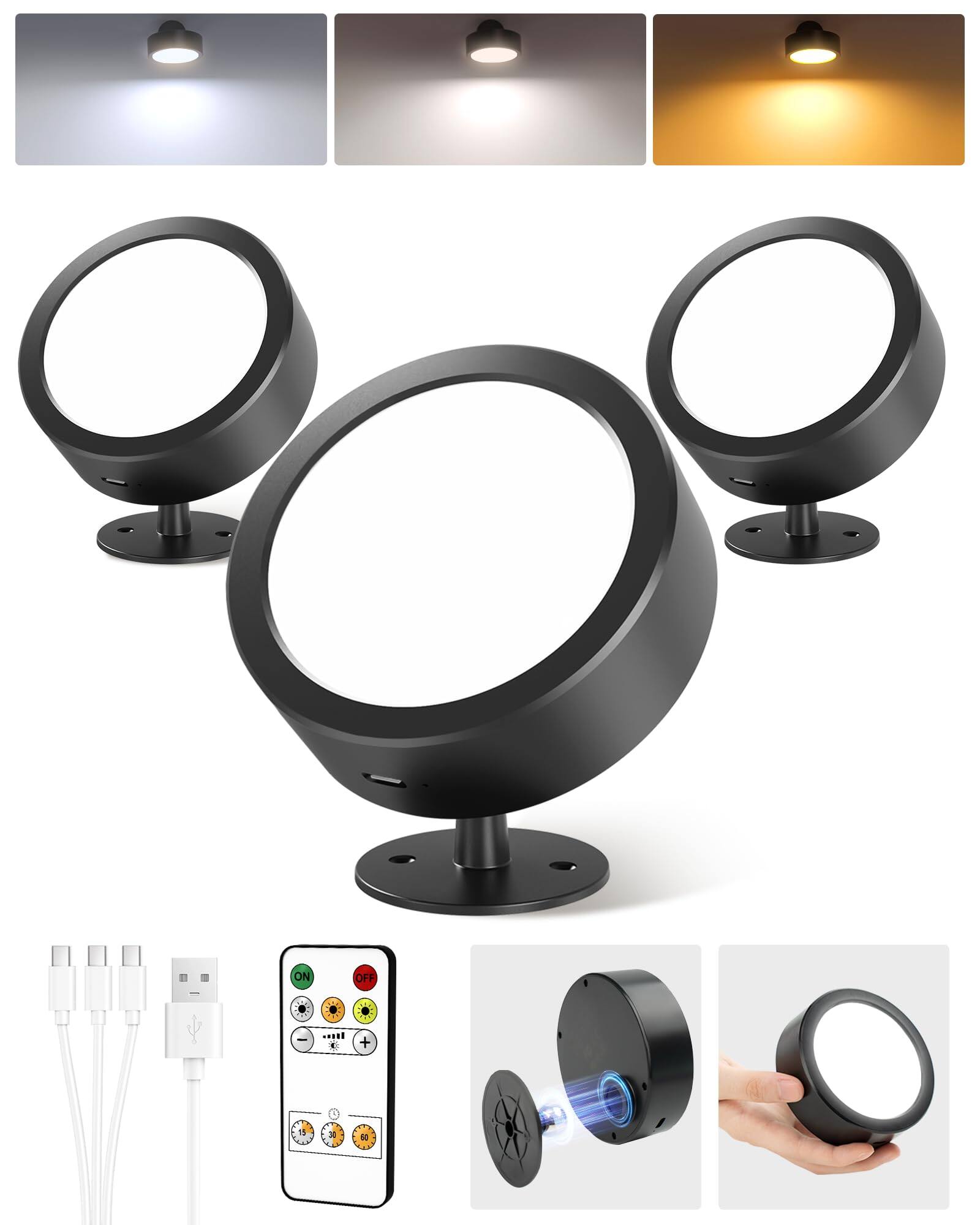 EZVALO - 3 Pack Lights LED Wall Sconce with Remote-3 Temps - Black