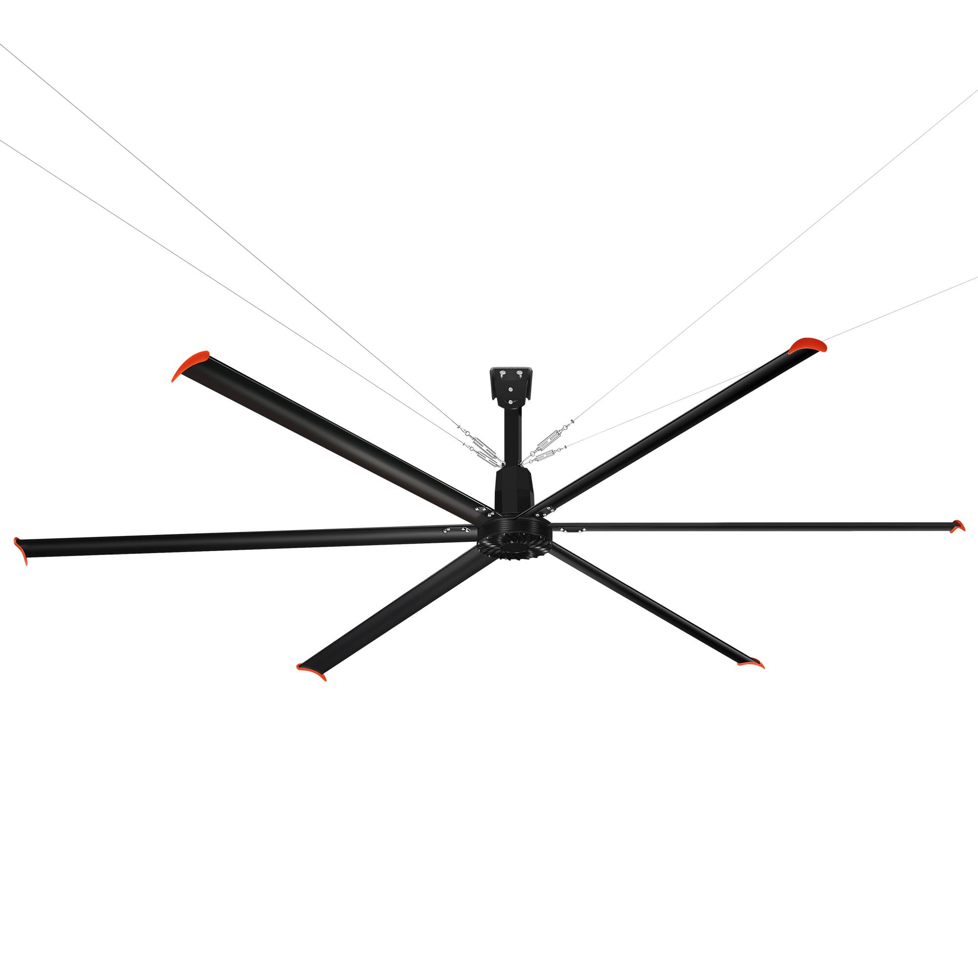 Angle. Breezary - 192‑Inch HVLS Industrial Ceiling Fan, 1P 110V, Direct Drive DC Motor, Variable Speed, Aluminum Blades, Commercial Grade - Matte Black.